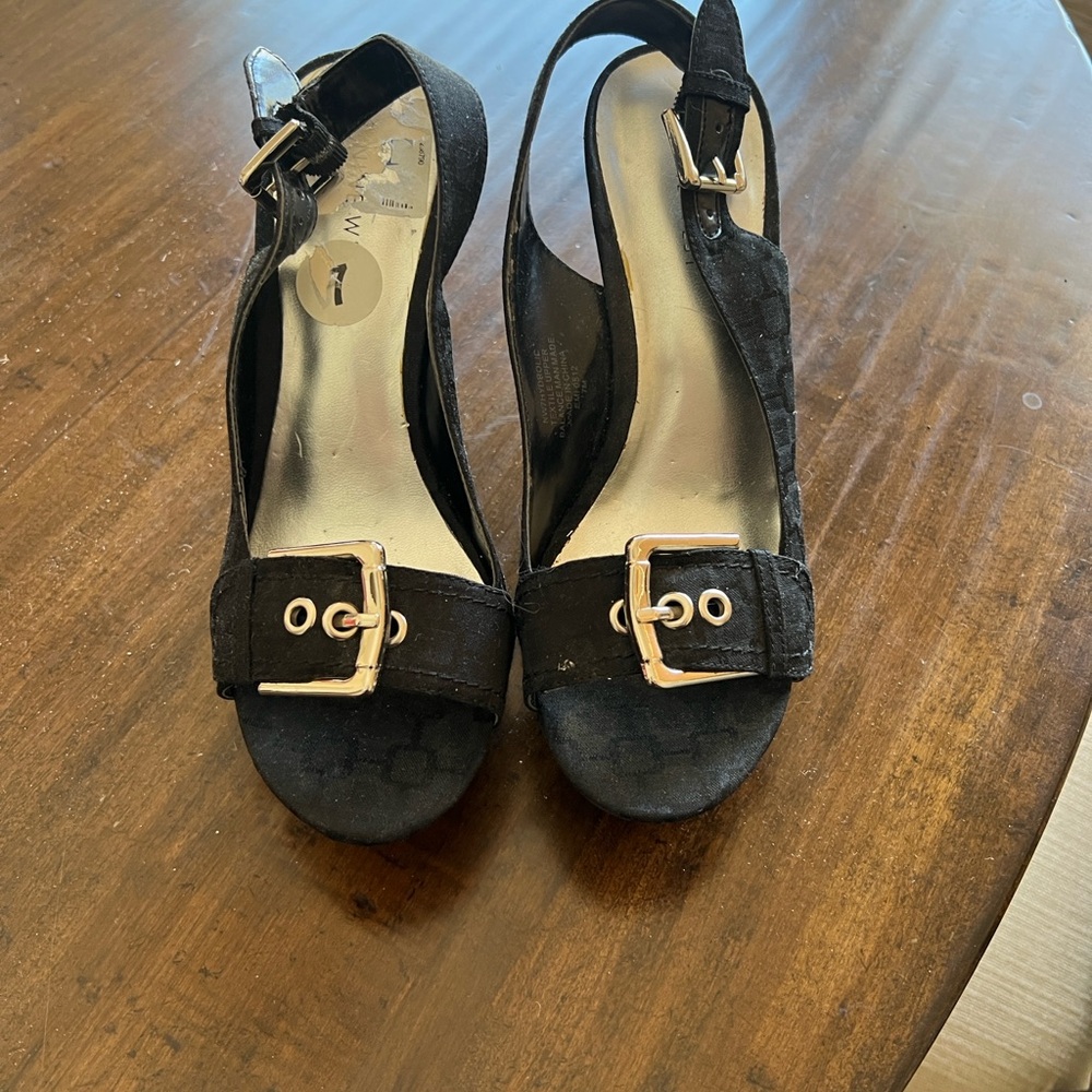Nine West Black Suede Heels with Gold Buckle